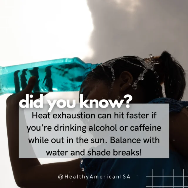 Summer sun can be beautiful, but also dangerous if you’re not careful. ☀️ Heat exhaustion is no joke, and it can sneak up on you faster than expected, especially if you’re drinking alcohol or caffeine while outdoors. These beverages can dehydrate you even more, putting extra strain on your body when it’s already working hard to stay cool.⁠
⁠
If you’re going to be outside for long periods, whether at the beach, a festival, or a backyard BBQ, make sure to balance every cocktail, coffee, or energy drink with plenty of water and shade breaks. Wear light, breathable clothing, take it easy during peak sun hours, and listen to your body. Feeling dizzy, fatigued, or nauseous? That’s your cue to rest, rehydrate, and cool down.⁠
⁠
🌿 Wellness starts with awareness, and small choices can keep your summer safe and strong.⁠
⁠
#HealthyAmericanUSA #DidYouKnow #HeatExhaustion #SummerWellness #HydrationTips #StayCoolStaySafe #OutdoorHealth